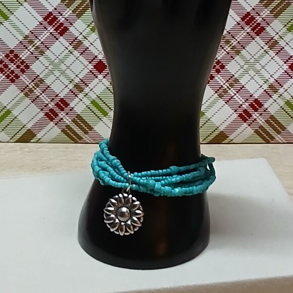 Handmade Turquoise Tone Beaded Bracelet w/ Sunflower Pendant Fashion Jewelry #48 - Picture 3 of 8